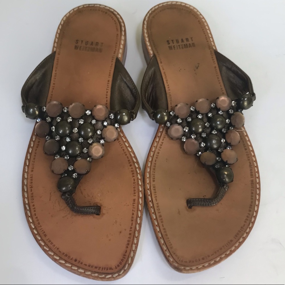 Stuart Weitzman Leather Thong Beaded Sandals Slides Bead Flip Flops Slide Shoes